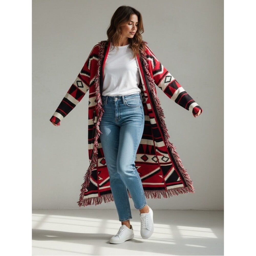 Vintage E Clair 90s Red Aztec Fringe Long Cardigan